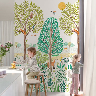 B&Q -  Grena Trees And Animals 3 Lane Repeatable Wallpaper Kids Nursery Mural1.59 X 2.8M,