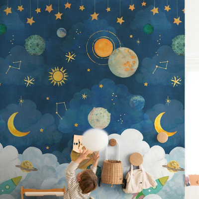 B&Q -  Dudley Space Rocket 3 Lane Repeatable Wallpaper Kids Nursery Mural1.59 X 2.8M,