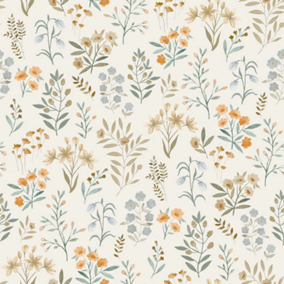 Grandeco Blue Placed Posey Floral Sprig Textured Wallpaper, Cool Neutral Small