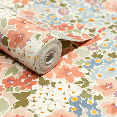 Grandeco Pink Ditsy Flowers Floral Textured Wallpaper, Russet
