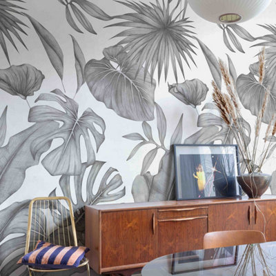 Grandeco Raha Botanical Sketch Jungle Leaves 3 Panel Repeatable Mural 1.59 X 2.8MGrey from B&Q