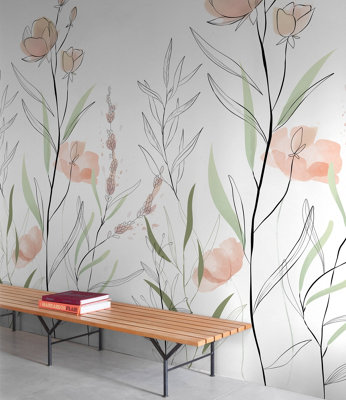 B&Q -  Zinnia Floral Sketch 3 Panel Repeatable Mural 1.59 X 2.8MPastel