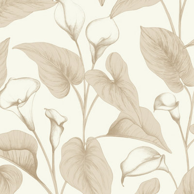 Grandeco Botanical Calla Lily Floral Foliage Textured Wallpaper Beige from B&Q