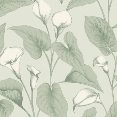 Grandeco Botanical Calla Lily Floral Foliage Textured Wallpaper Green from B&Q