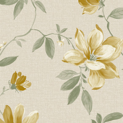 Grandeco Adeline Traditional Floral Trail Fabric Textured WallpaperNeutral Ochre from B&Q