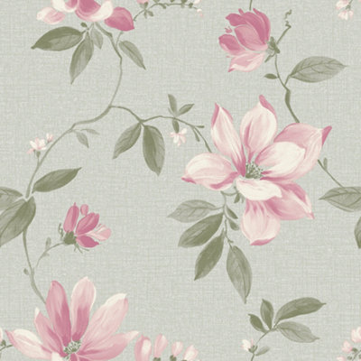 Grandeco Adeline Traditional Floral Trail Fabric Textured WallpaperPink Grey from B&Q