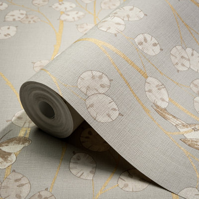 B&Q -  Taupe Botanical Gold Effect Contemporary Embossed Wallpaper