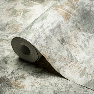 B&Q -  Green Distressed Stone Effect Modern Embossed Wallpaper