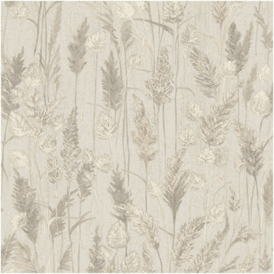 Grandeco Vinyl Neutral Meadow Grasses Textured Wallpaper Botanical Leaf Neutral Decor from B&Q