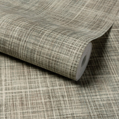 Grandeco  Brushed Check Fabric Effect Textured WallpaperDeep Taupe from B&Q