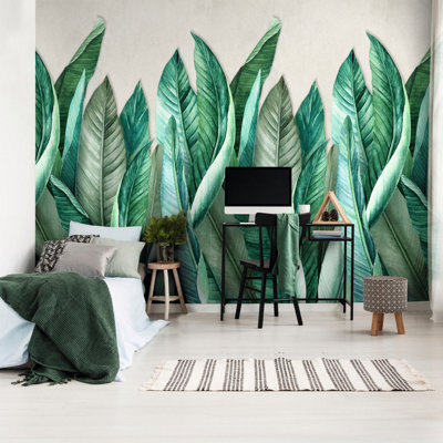 Grandeco Banana Leaf 3 Lane Repeatable Textured Mural, 1.59 X 2.8M, Green