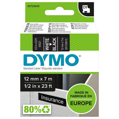 Dymo 45021 D1 12mm x 7m White on Black Tape 10094J - Image 24