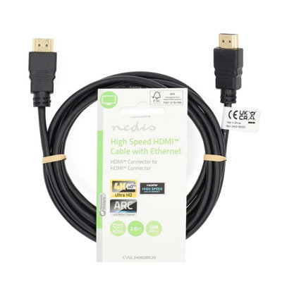 Nedis 2M Meter Hdmi High Speed Ethernet Uhd Cable Lead 18Gbps 4K 60Hz Arc Black from B&Q