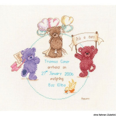 B&Q -  Celebration BirthCounted Cross Stitch Kit: Birth Record: Popcorn CelebrationVervaco