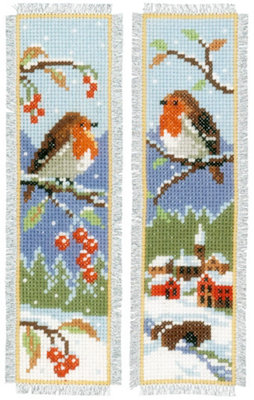 Groves Of Thames B/Mark Robins - Counted Cross Stitch Kit: Bookmark: Robins: Set Of 2 - Vervaco White