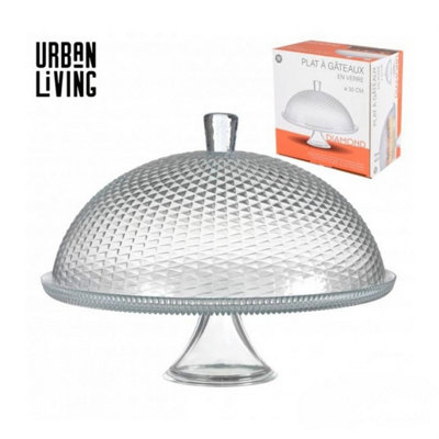 B&Q Glass Cake Stand With Dome Lid Diamond Pattern Clear 31Cm Pedestal Display Plate