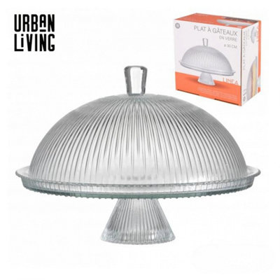  - Glass Cake Stand With Dome Lid Ribbed Pattern Clear 31.5Cm Pedestal Display