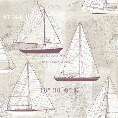 B&Q -  Skagen Beige Purple Sailing Boat Smooth Wallpaper