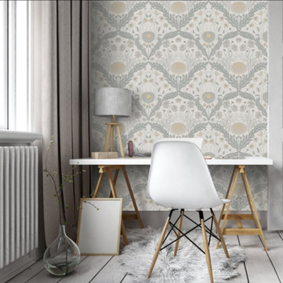 Galerie Blomstermala Grey Yellow Leafy Bloom Smooth Wallpaper from B&Q