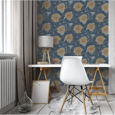 Galerie Blomstermala Blue Beige Brown Big Bloom Smooth Wallpaper from B&Q