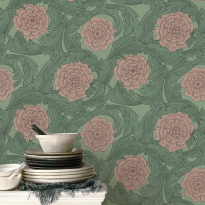 Galerie Blomstermala Green Pink Big Bloom Smooth Wallpaper from B&Q