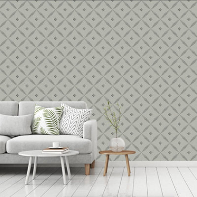Galerie Blomstermala Grey Black Leaf Trellis Smooth Wallpaper from B&Q
