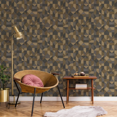 Galerie Botanica Yellow Brown Grey Cubics Smooth Wallpaper from B&Q