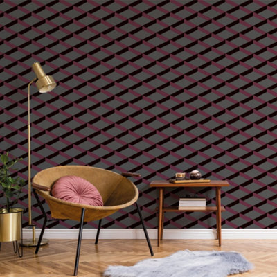 Galerie Luxe Burgundy Grey Shadow Trellis Smooth Wallpaper from B&Q