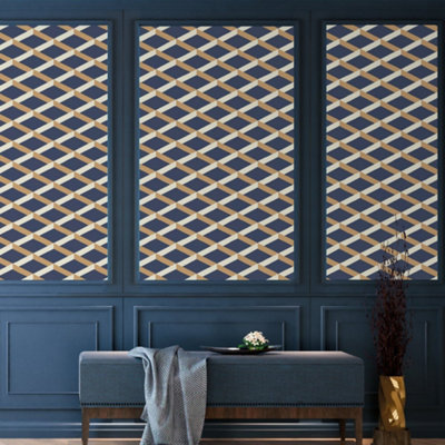 Galerie Luxe Mustard Blue Shadow Trellis Smooth Wallpaper from B&Q