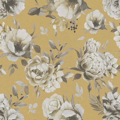 Glamour Rose Wallpaper Floral Flowers Luxury Aquarelle Mustard Al1025 from B&Q