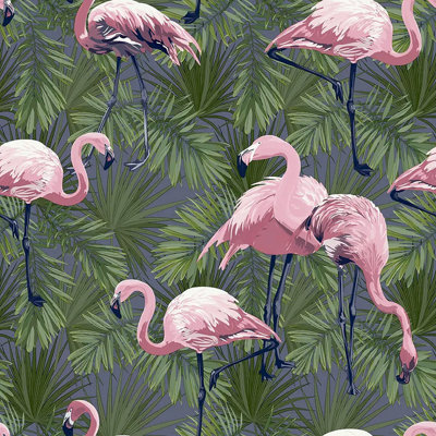 Flamingo Wallpaper Birds Animals Feathers Tropical Pink Quirky Exotic Wallpaper Green Al1031 from B&Q