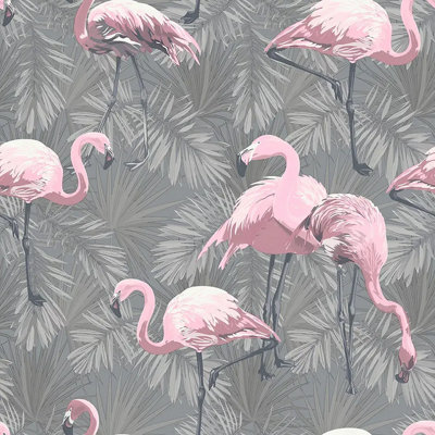 Flamingo Wallpaper Birds Animals Feathers Tropical Pink Quirky Exotic Wallpaper Grey Al1032 from B&Q