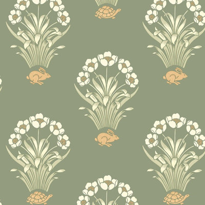 B&Q -  Tortoise Hare Sage Green Wallpaper Floral Animal Print Feature Wall