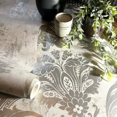 Belgravia Plaster Damask Grey & Cream Metallic Wallpaper 2317 from B&Q