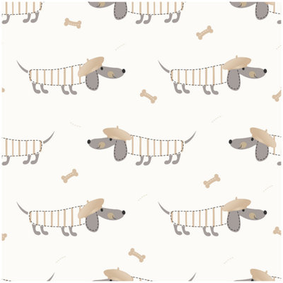 Yes-Online Sausage Dog Wallpaper Dachshund With Beret Beige Grey Neutral Feature Wall from B&Q