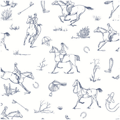 B&Q -  Equestrian Wallpaper Horse Riding White Navy Country Traditional Feature Wall
