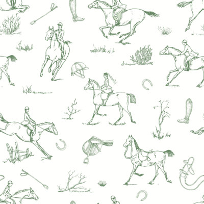 B&Q -  Equestrian Wallpaper Horse Riding White Green Country Traditional Feature Wall