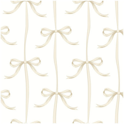 B&Q -  Beige Bows Wallpaper White Ribbon Living Room Girls Bedroom Nursery Feature Wall