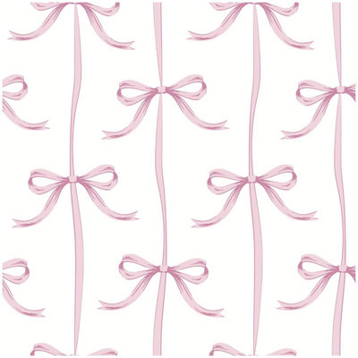 B&Q -  Pink Bows Wallpaper White Ribbons Living Room Girls Bedroom Nursery Feature Wall
