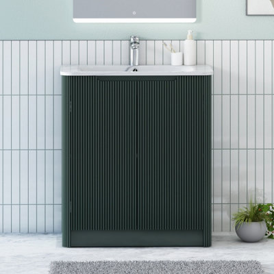 B&Q -  Avenza 700mm Deep Moss Green Fluted Floor Standing Vanity Unit 2 Door Storage Cabinet With Carrara White Basin