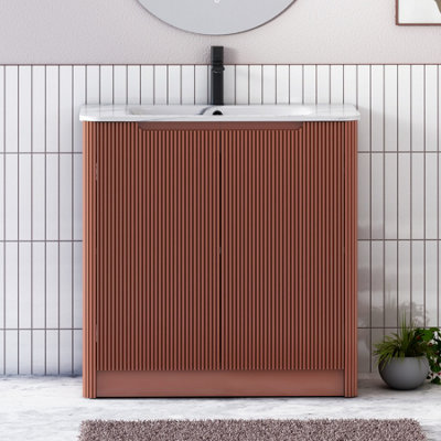 B&Q -  Avenza 800mm Terracotta Clay Fluted Floor Standing Vanity Unit 2 Door Storage Cabinet With Carrara White Basin