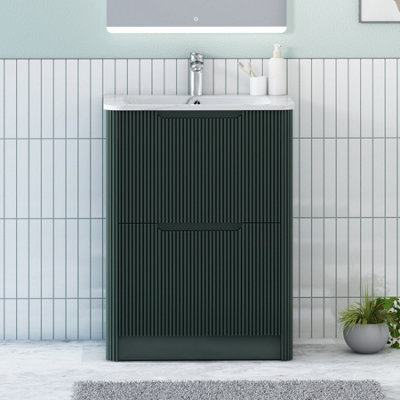 B&Q -  Avenza 600mm Deep Moss Green Fluted Floor Standing Vanity Unit 2 Drawer Storage Cabinet With Carrara White Basin