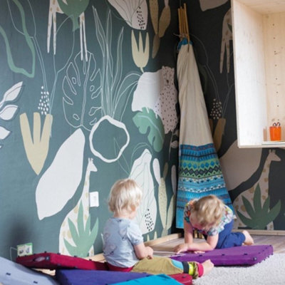 B&Q -  Roomblush Nursery Safari Jungle Kids Eco 4 Lane Repeatable Wallpaper Mural 200 X 285CmDark Green