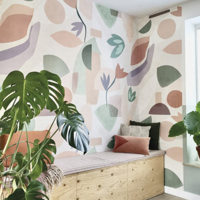 B&Q -  Roomblush Floral Pieces Eco 4 Lane Repeatable Wallpaper Mural 200 X 285CmPastel Nude