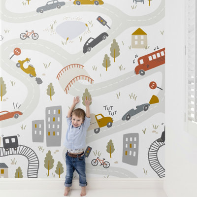 B&Q -  Roomblush Nursery Cars 6 Lane Repeatable Wallpaper Mural 300 X 285CmRed Grey