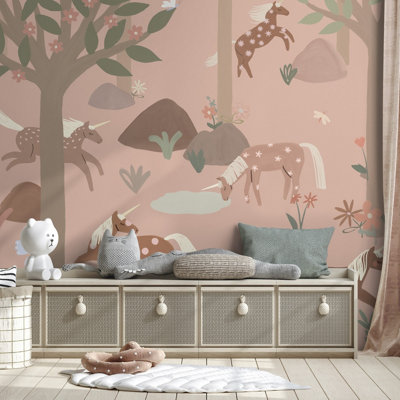 B&Q -  Roomblush Nursery Unicorn 6 Lane Repeatable Wallpaper Mural 300 X 285CmBlush Pink