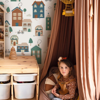 B&Q -  Roomblush Nursery Tiny Houses 4 Lane Repeatable Wallpaper Mural 200 X 285CmNeutral Multi
