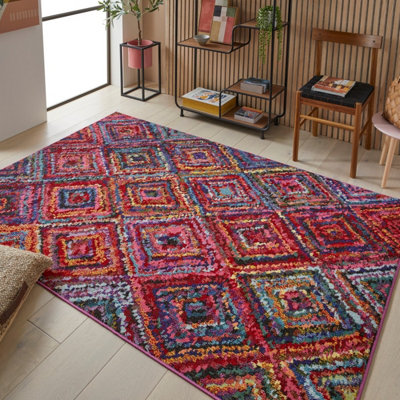  - Multi Geometric Modern Easy To Clean Chequered  Rug For Dining Room-240Cm X 330Cm