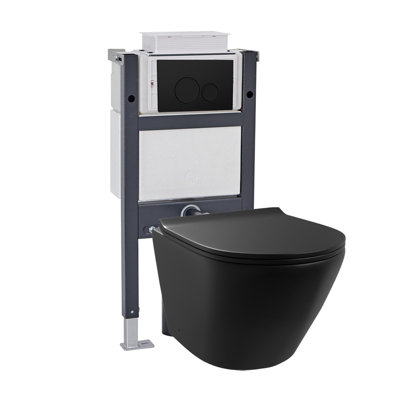 B&Q -  Wall Hung Rimless Black ToiletCistern Frame Black Round Flush Button