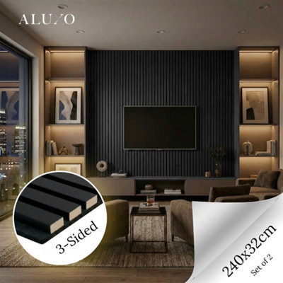 Aluxo Panelux™ Pro Black Coloured Acoustic Wood Wall Panel 3-Sided Wrap 240Cm X 32Cm (Set Of 2) from B&Q
